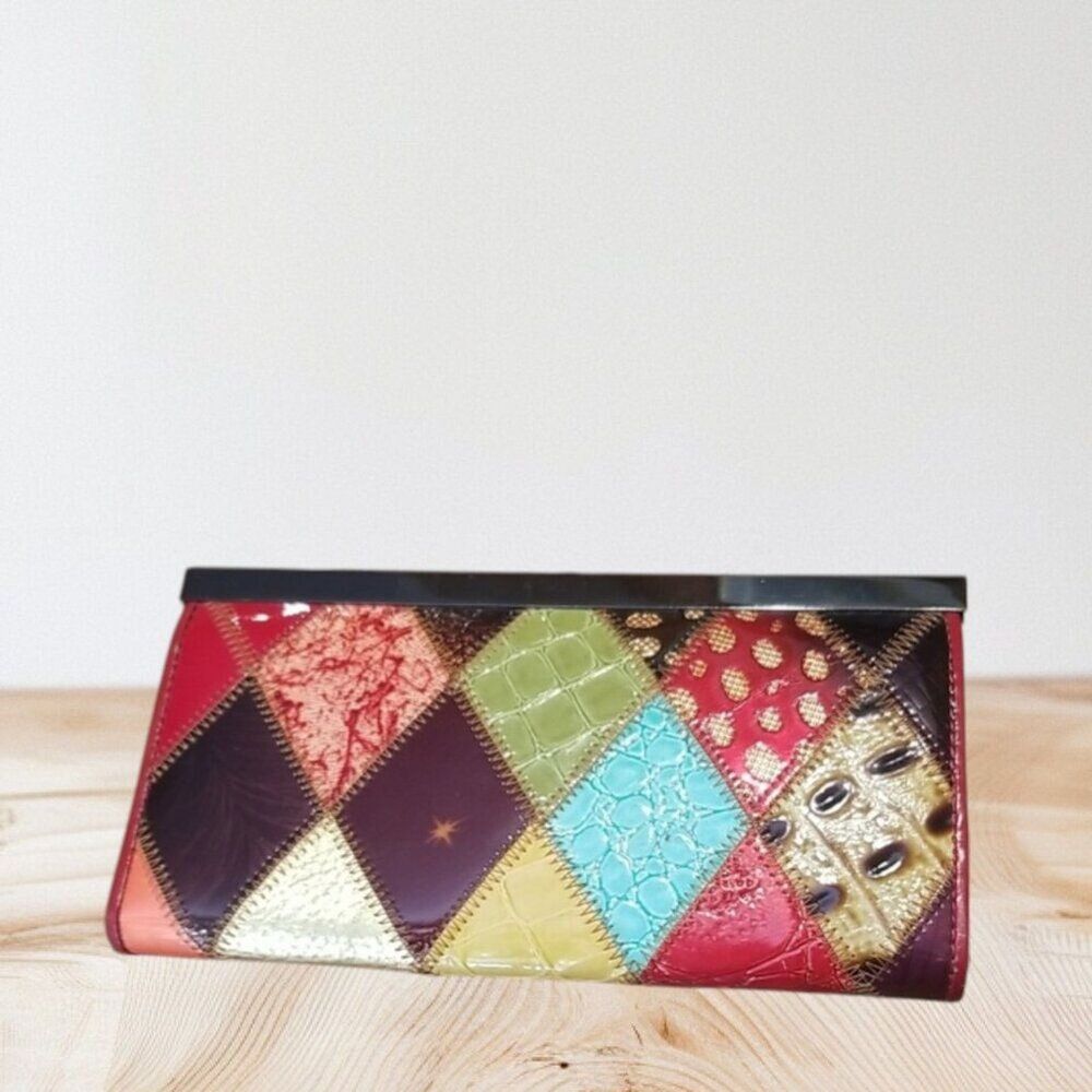 Temanli Genuine Leather Patchwork Wallet Rainbow Clasp Closure Clutch Card Case - Picture 2 of 10